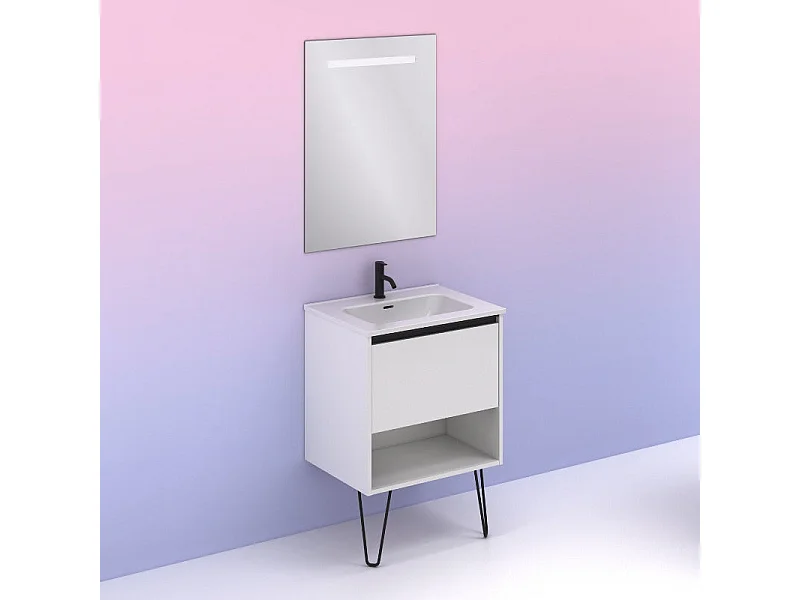 Meuble salle de bain simple vasque YOKO  blanc brillant 60 cm  Miroir non inclus