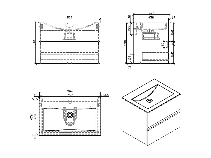 Waschtisch + Unterschrank 80cm montiert weiß lackiert SIENA
