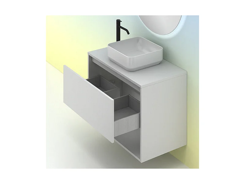 Meuble salle de bain suspendu avec vasque posée NIWA TOP  blanc brillant 60 cm  Miroir non inclus