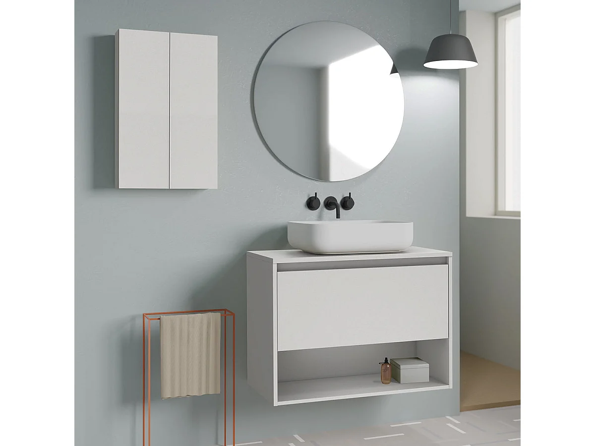 Meuble salle de bain suspendu avec vasque posée NIWA TOP  blanc brillant 60 cm  Miroir non inclus
