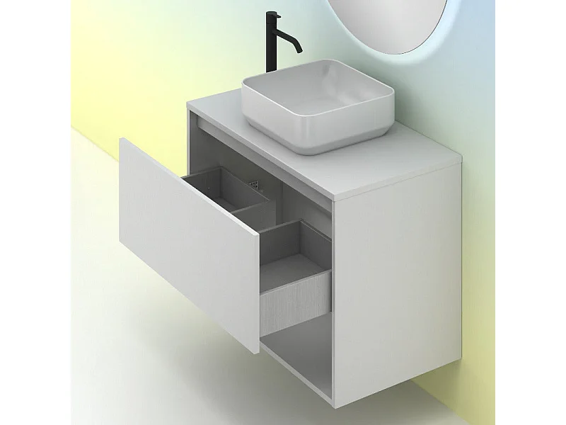Meuble salle de bain suspendu avec vasque posée NIWA TOP  blanc brillant 60 cm  Miroir non inclus