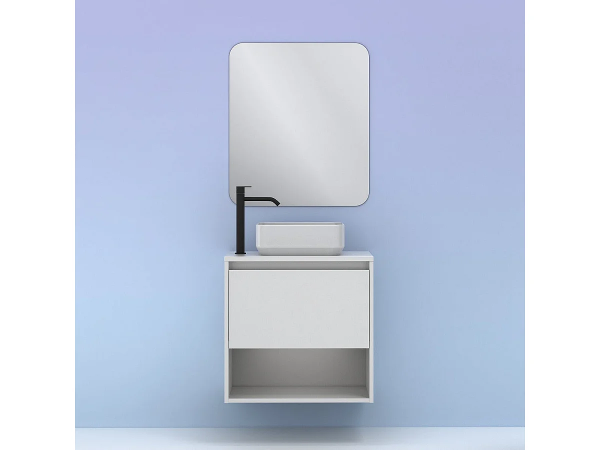 Meuble salle de bain suspendu avec vasque posée NIWA TOP  blanc brillant 60 cm  Miroir non inclus