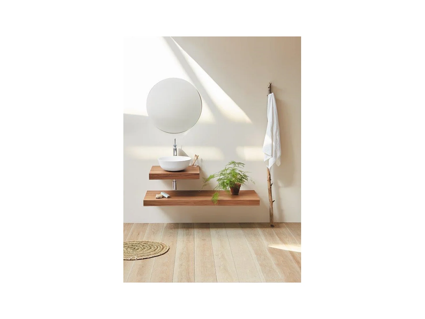 Plan vasque suspendu ZERO pour salle de bain design noyer 52 x 160 cm