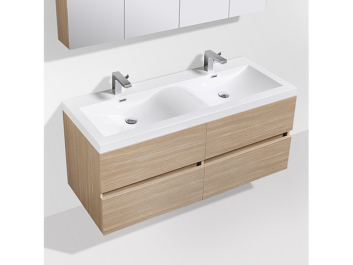 Meuble salle de bain design double vasque SIENA largeur 144 cm, chêne clair texturé