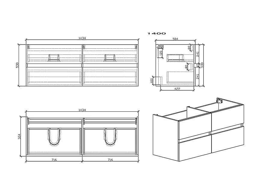 Doppelwaschtisch + Unterschrank 144cm montiert Eiche hell SIENA