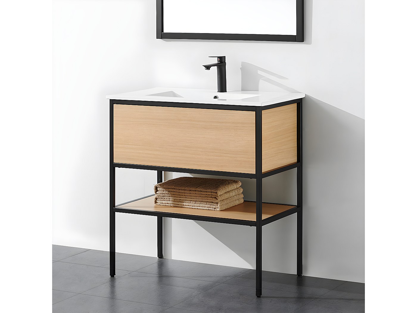 Meuble de salle de bains 60 cm 3 Tiroirs Chêne Clair + Vasque Céramique Noire - XENOS