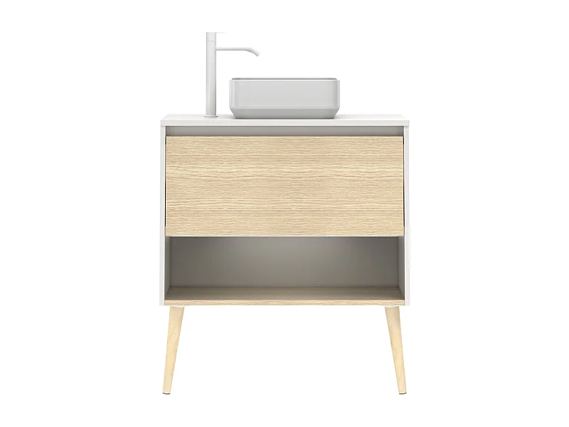 Meuble salle de bain avec vasque posée NARA TOP  chêne clair  blanc 80 cm  Miroir non inclus