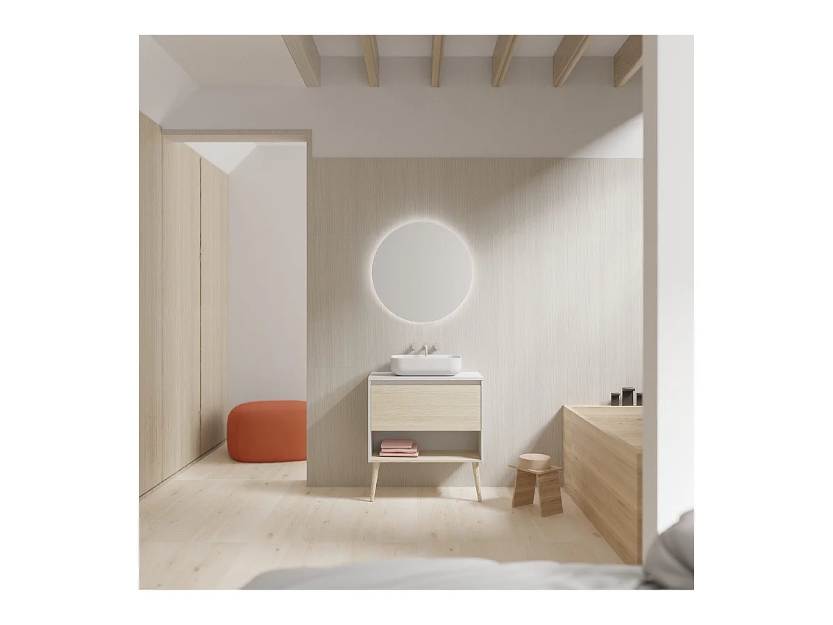 Meuble salle de bain avec vasque posée NARA TOP  chêne clair  blanc 80 cm  Miroir non inclus