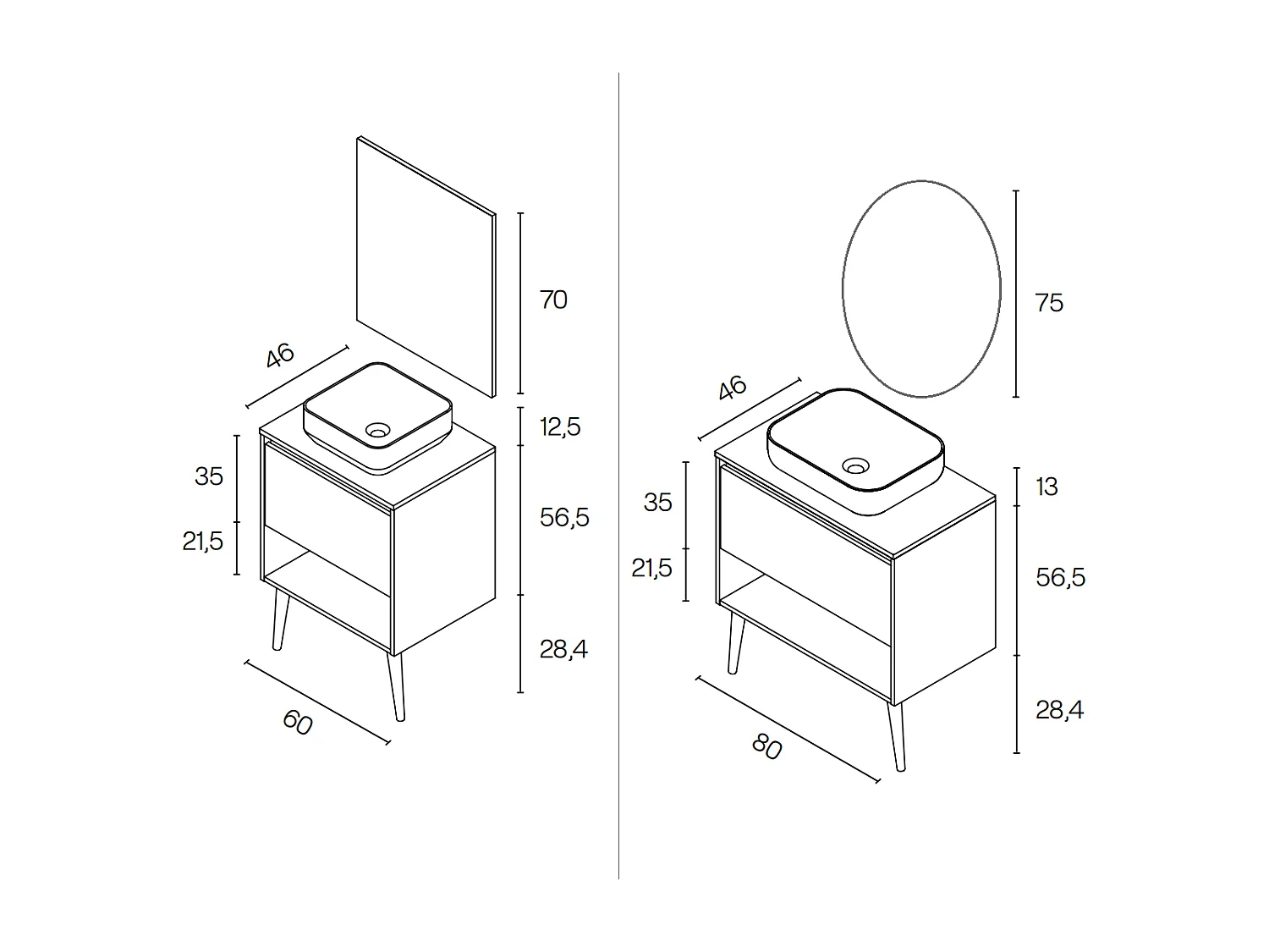 Meuble salle de bain avec vasque posée NARA TOP  chêne clair  blanc 80 cm  Miroir non inclus