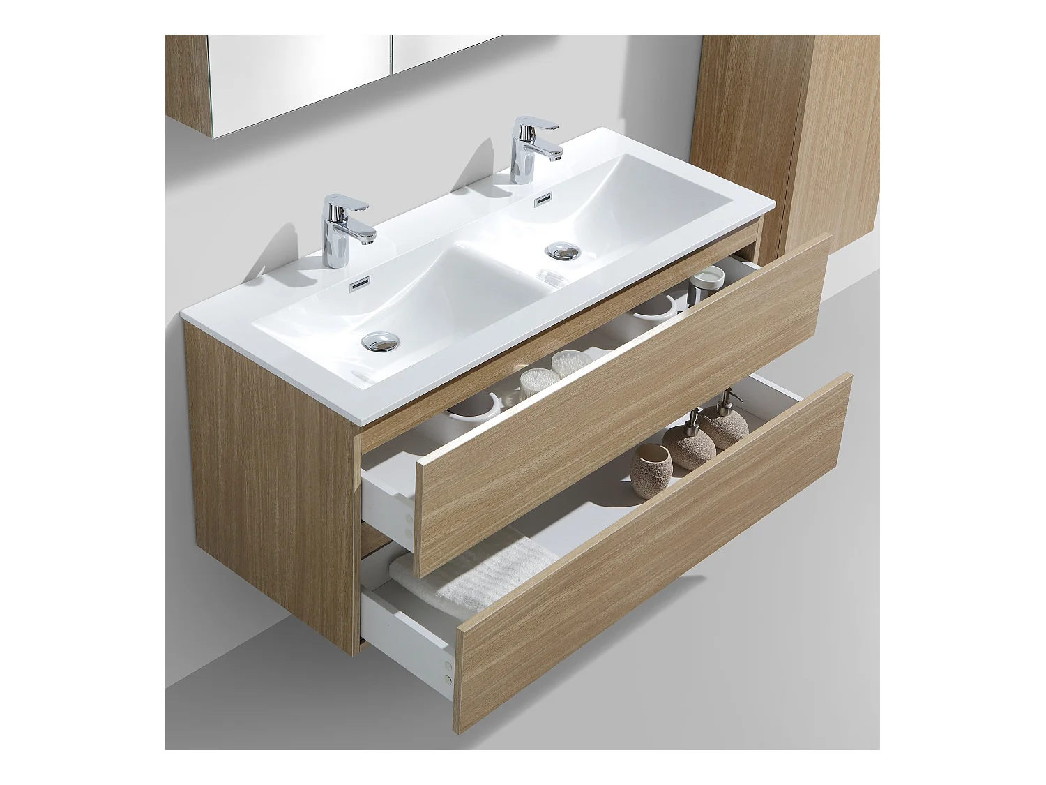 Meuble salle de bain design double vasque SIENA largeur 120 cm chêne clair texturé