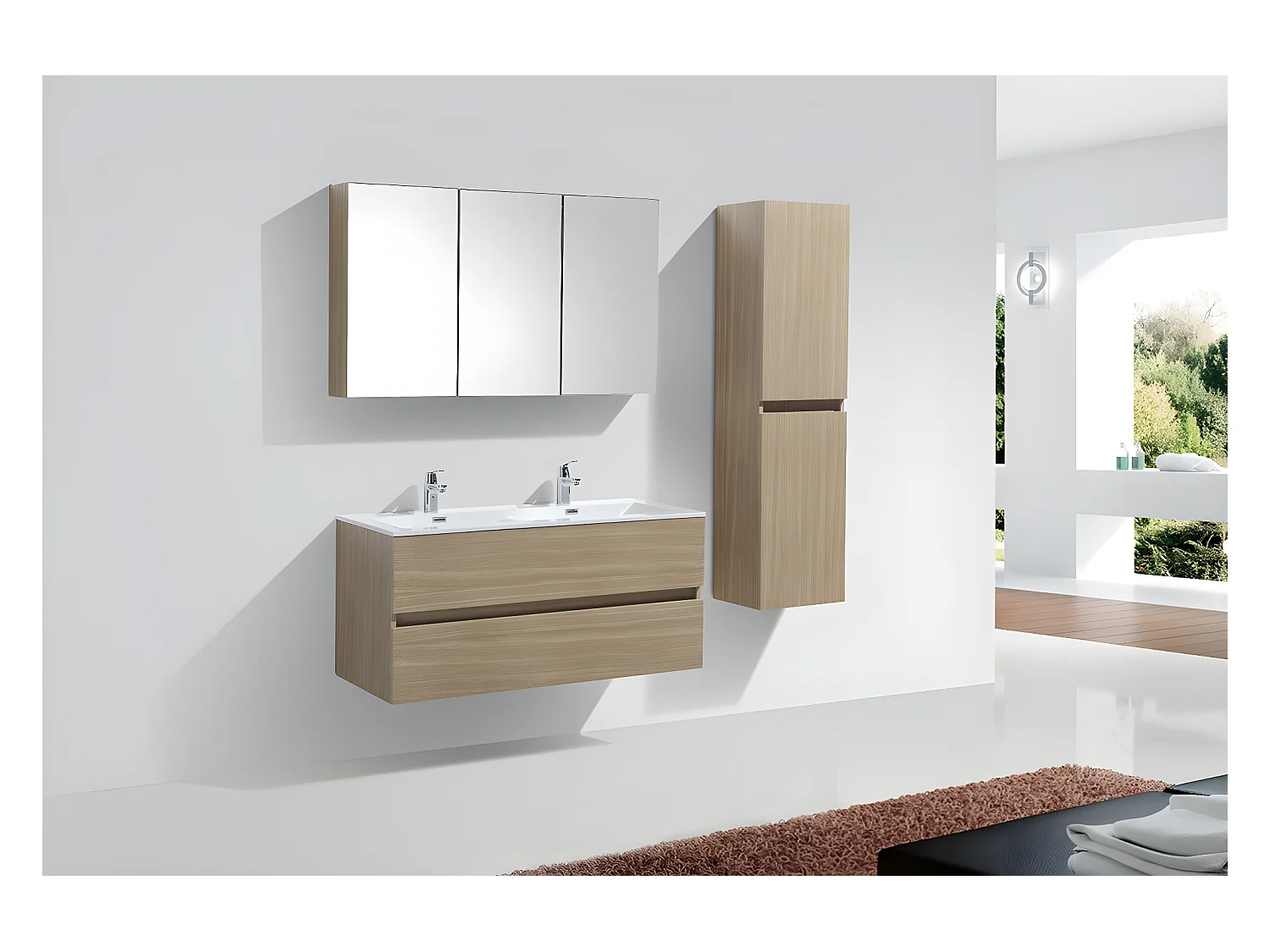 Meuble salle de bain design double vasque SIENA largeur 120 cm chêne clair texturé