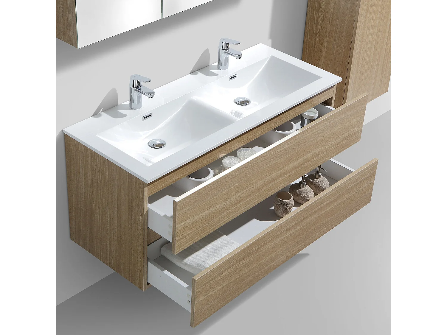 Meuble salle de bain design double vasque SIENA largeur 120 cm chêne clair texturé