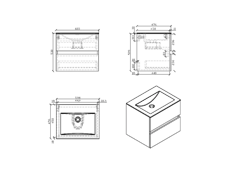 Waschtisch + Unterschrank 60cm montiert Eiche hell SIENA