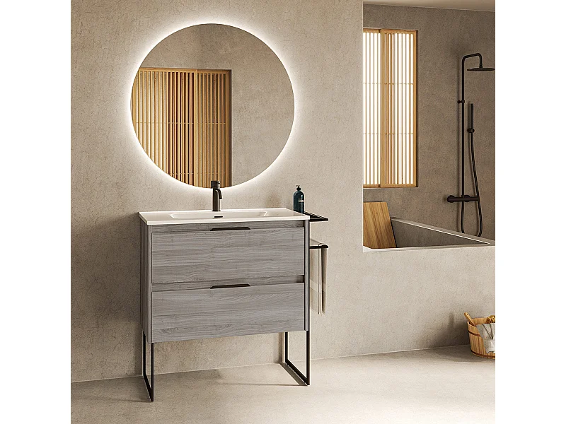 Meuble salle de bain en bois et métal KEIKO  gris sablé 100 cm