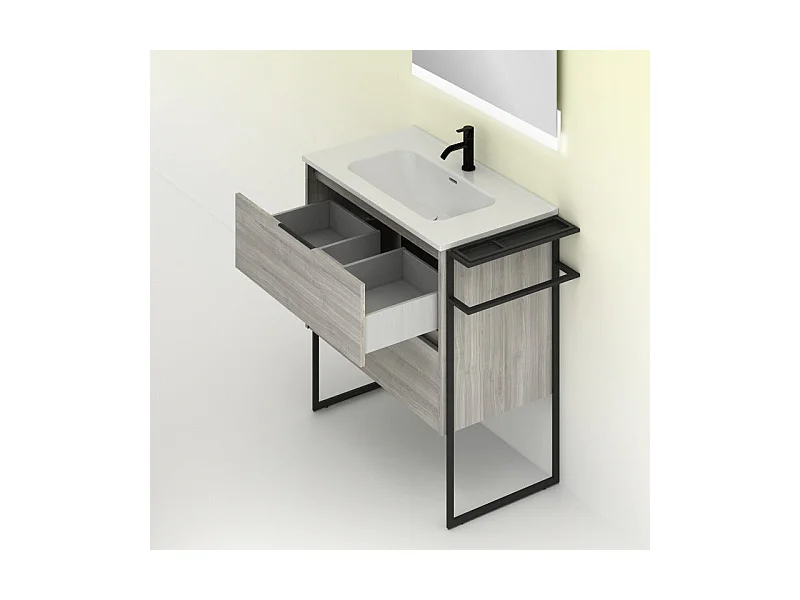 Meuble salle de bain en bois et métal KEIKO  gris sablé 100 cm