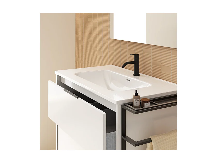 Meuble salle de bain en bois et métal KEIKO  blanc brillant 80 cm