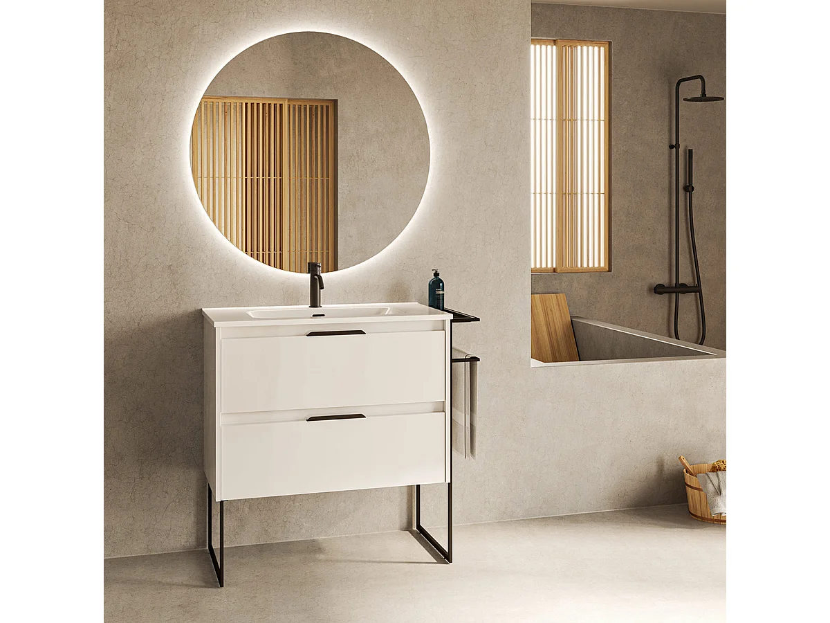 Meuble salle de bain en bois et métal KEIKO  blanc brillant 80 cm