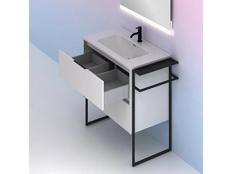 Meuble salle de bain en bois et métal KEIKO  blanc brillant 80 cm