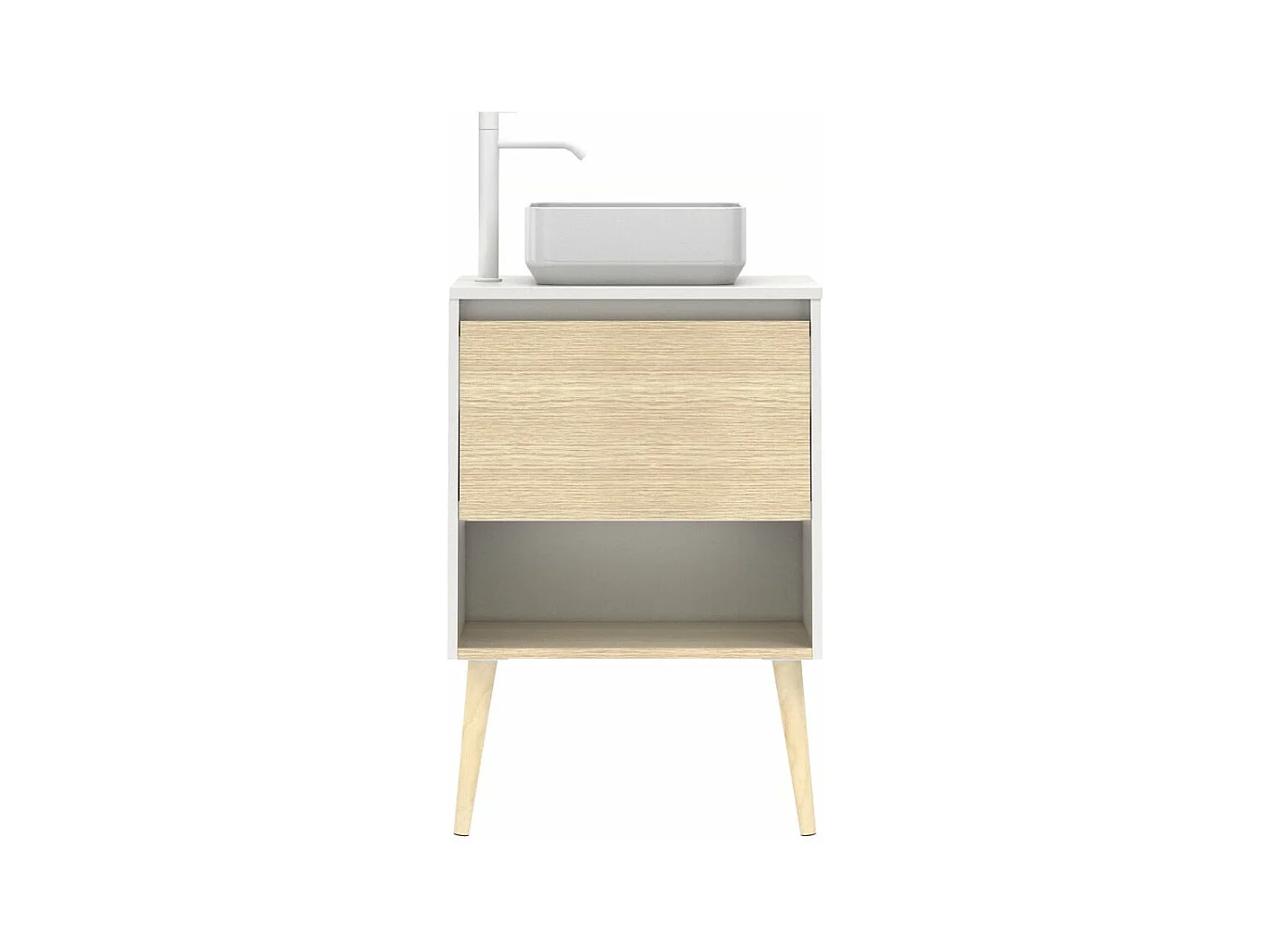 Meuble salle de bain avec vasque posée NARA TOP  chêne clair  blanc 60 cm  Miroir non inclus