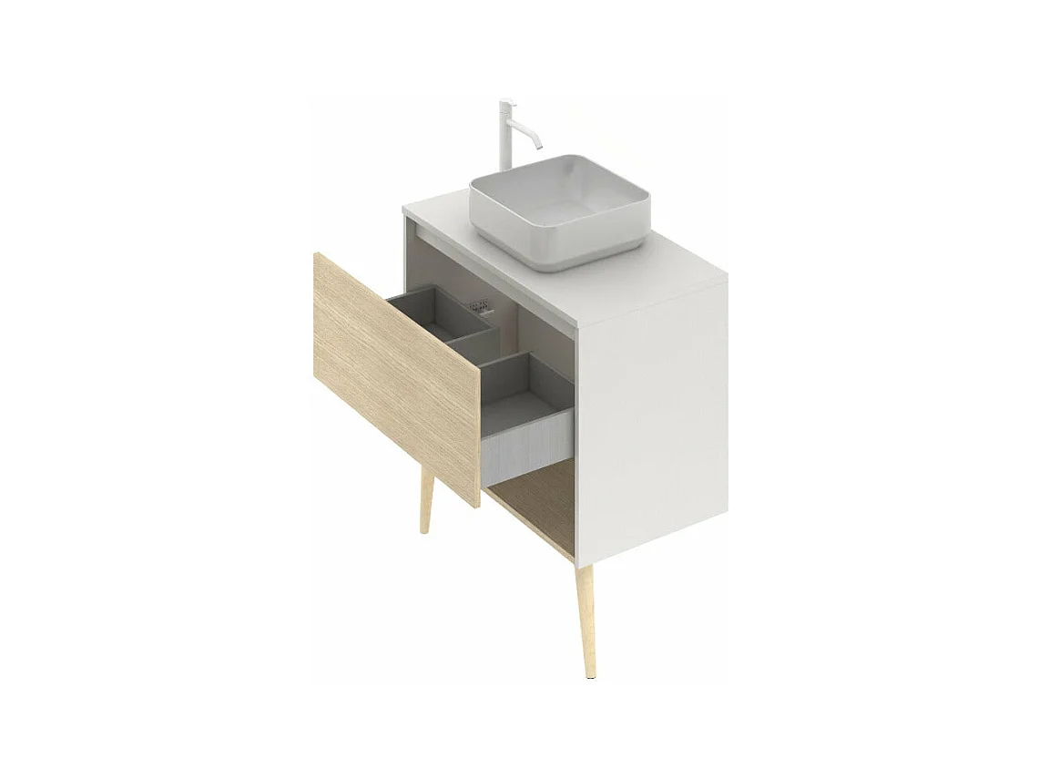 Meuble salle de bain avec vasque posée NARA TOP  chêne clair  blanc 60 cm  Miroir non inclus
