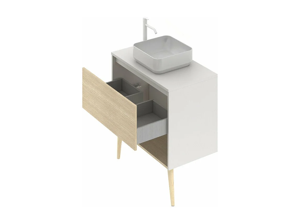 Meuble salle de bain avec vasque posée NARA TOP  chêne clair  blanc 60 cm  Miroir non inclus