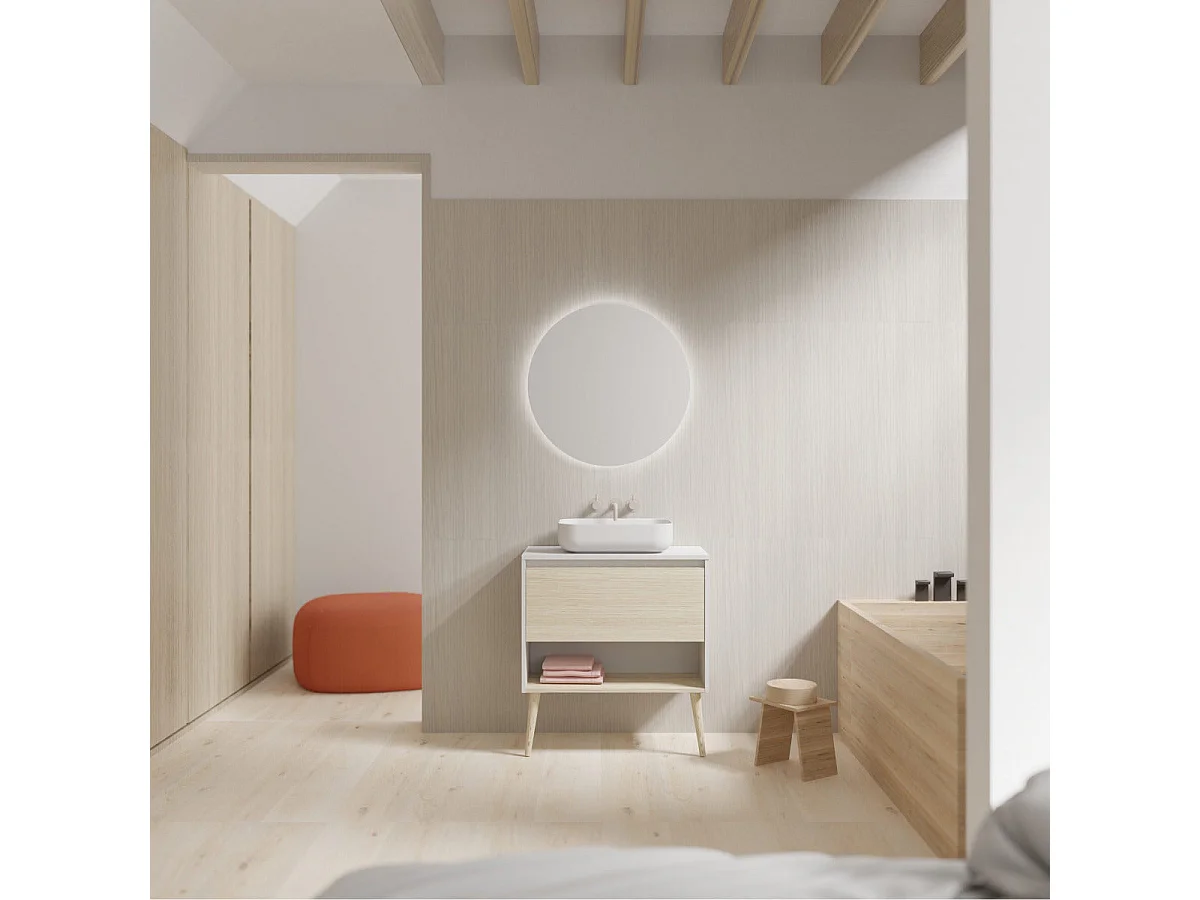 Meuble salle de bain avec vasque posée NARA TOP  chêne clair  blanc 60 cm  Miroir non inclus