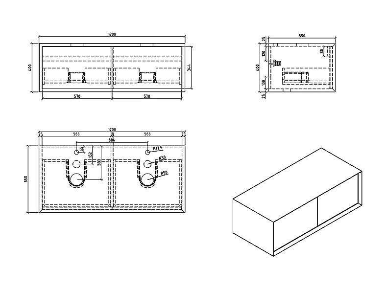 Meuble salle de bain pour vasque à poser PALIO largeur 120 cm blanc mat  chêne clair