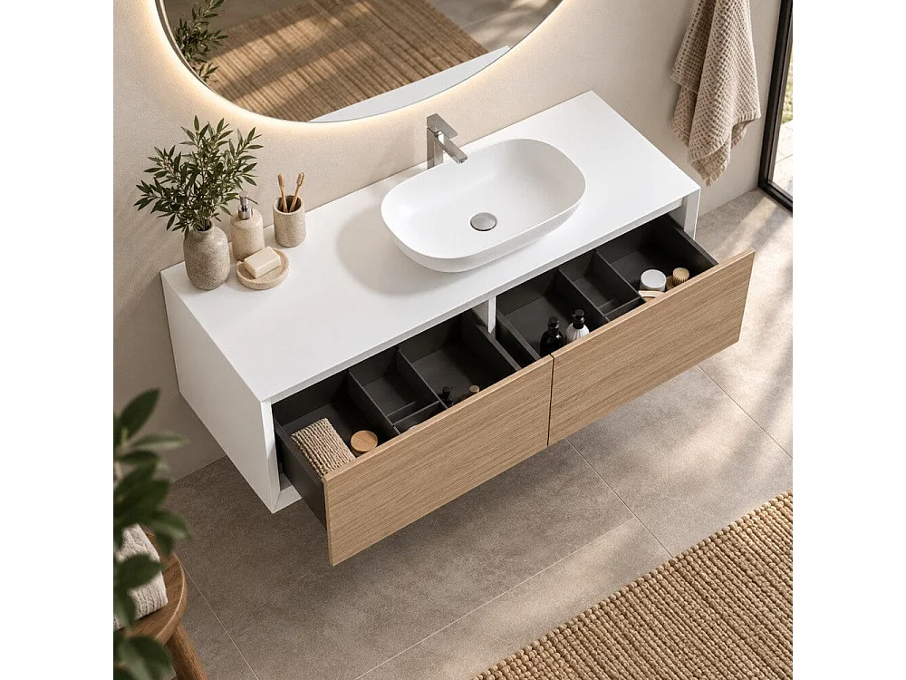 Meuble salle de bain pour vasque à poser PALIO largeur 120 cm blanc mat  chêne clair