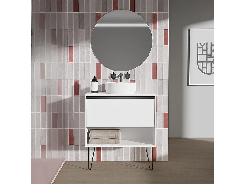Meuble salle de bain avec vasque posée YOKO TOP  blanc brillant 80 cm  Miroir non inclus