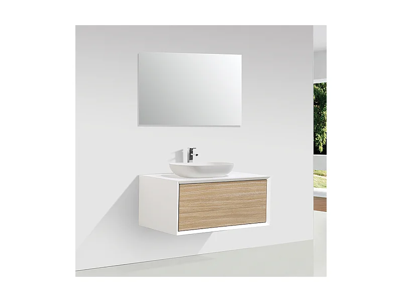 Meuble salle de bain pour vasque à poser PALIO largeur 90 cm blanc mat  chêne clair texturé