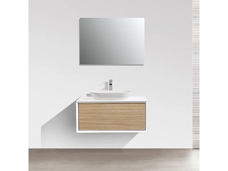 Waschtischunterschrank für Aufsatzwaschbecken 90cm vormontiert weiß/Eiche hell PALIO