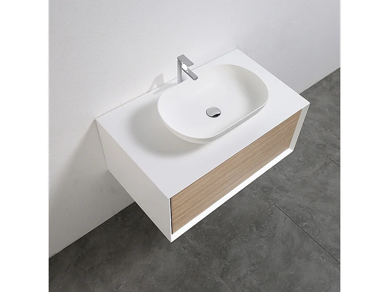 Waschtischunterschrank für Aufsatzwaschbecken 90cm vormontiert weiß/Eiche hell PALIO