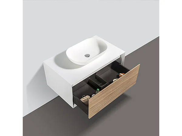 Waschtischunterschrank für Aufsatzwaschbecken 90cm vormontiert weiß/Eiche hell PALIO