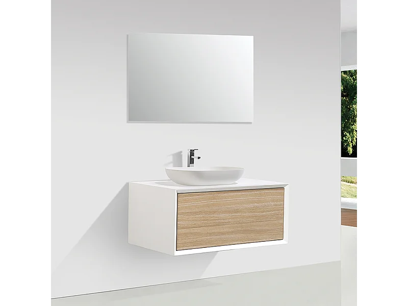 Waschtischunterschrank für Aufsatzwaschbecken 90cm vormontiert weiß/Eiche hell PALIO