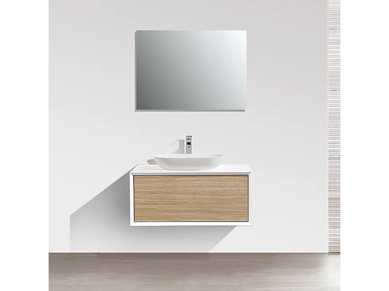 Waschtischunterschrank für Aufsatzwaschbecken 90cm vormontiert weiß/Eiche hell PALIO