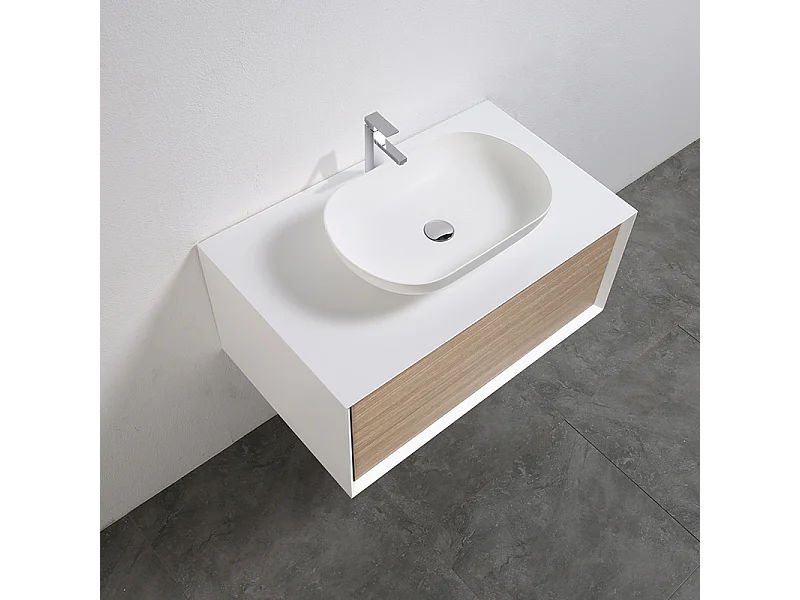 Waschtischunterschrank für Aufsatzwaschbecken 90cm vormontiert weiß/Eiche hell PALIO