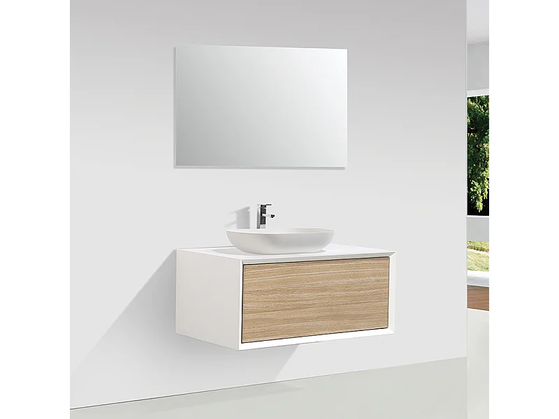 Meuble salle de bain pour vasque à poser PALIO largeur 90 cm blanc mat  chêne clair texturé