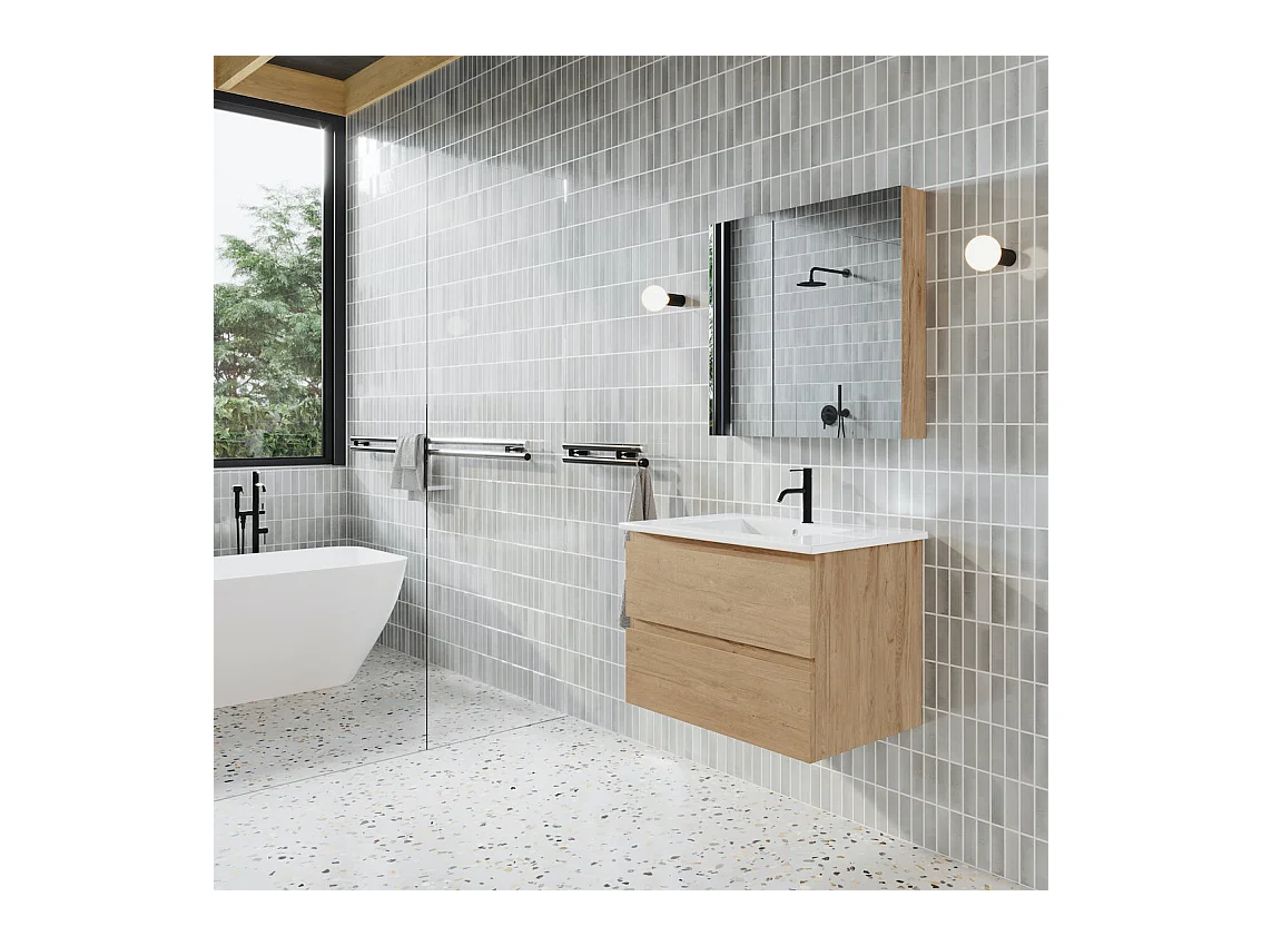 Meuble salle de bain design simple vasque MESSINA largeur 80 cm chêne clair
