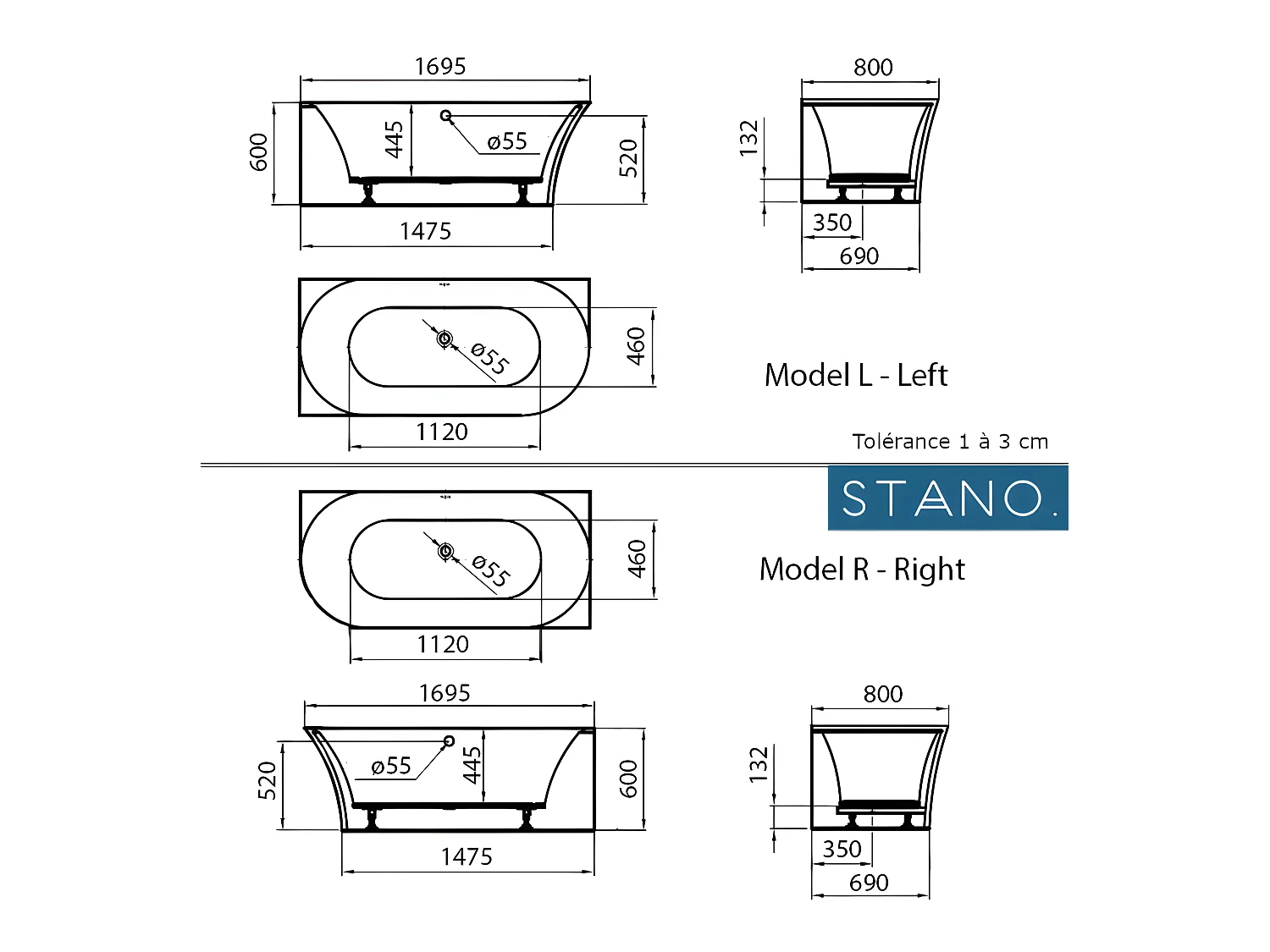 Baignoire design ovale semi-îlot ELIZABETH blanche 170 cm Angle à gauche