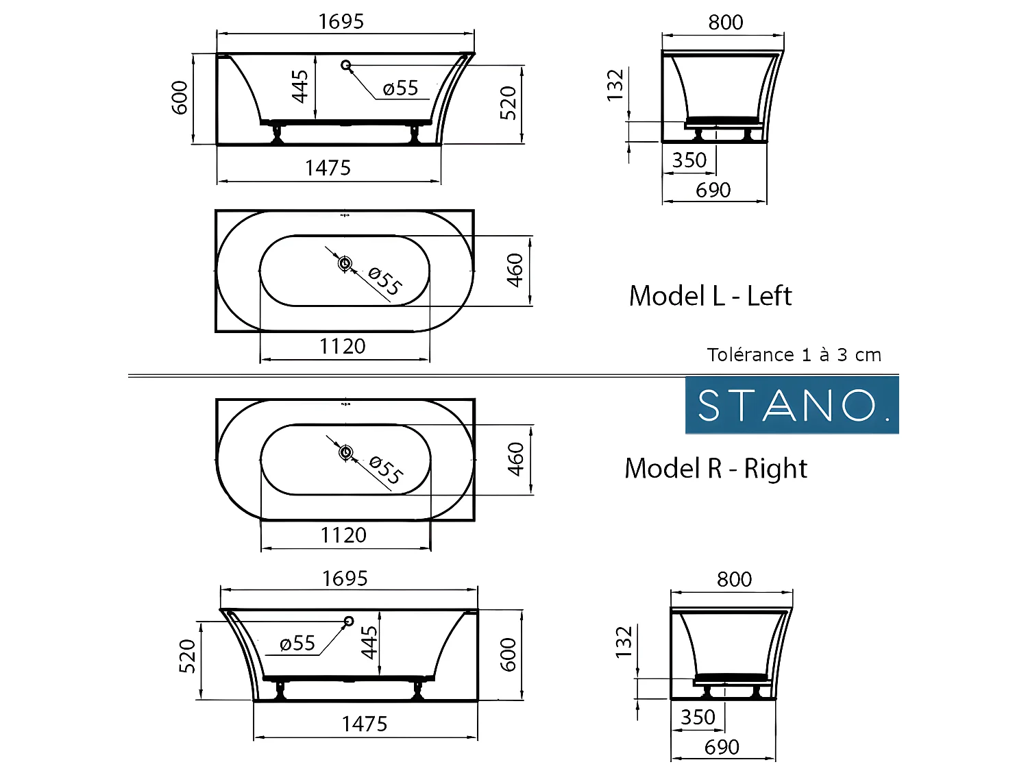Baignoire design ovale semi-îlot ELIZABETH blanche 170 cm Angle à droite
