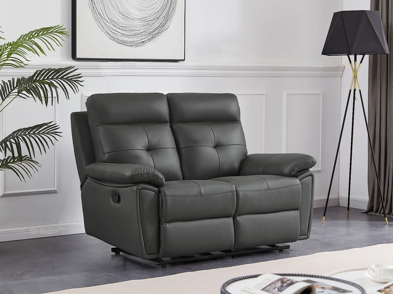Grå lädersoffa för 2 personer med relaxfunktion VINETA