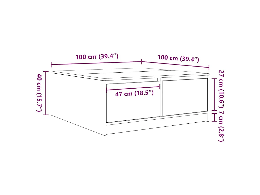 Salontafel met lades 100x100x40 cm wit