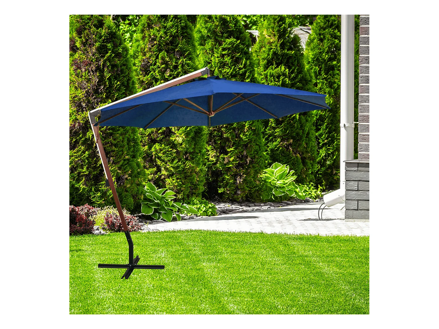 Ampelschirm mit Mast Azurblau 3,5x2,9 m Massivholz Tanne