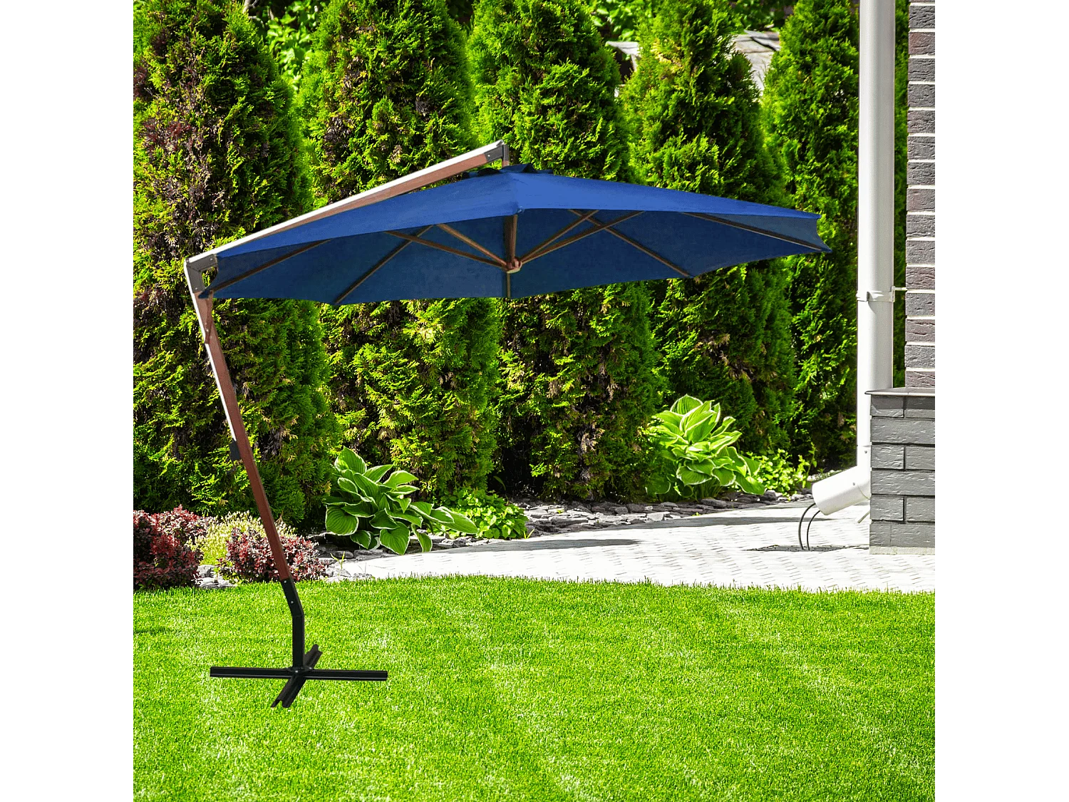 Ampelschirm mit Mast Azurblau 3,5x2,9 m Massivholz Tanne