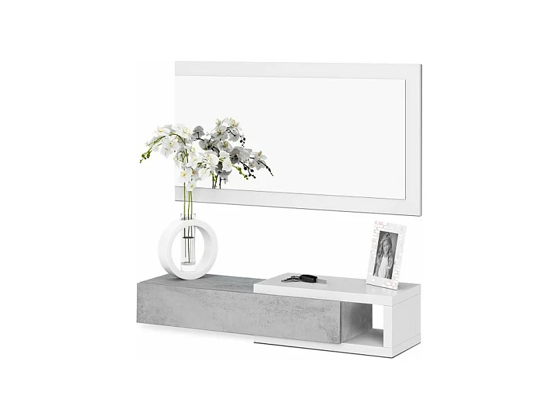 Mueble de recibidor con espejo Derek Blanco Artik (Blanco Mate) - Gris Cemento
