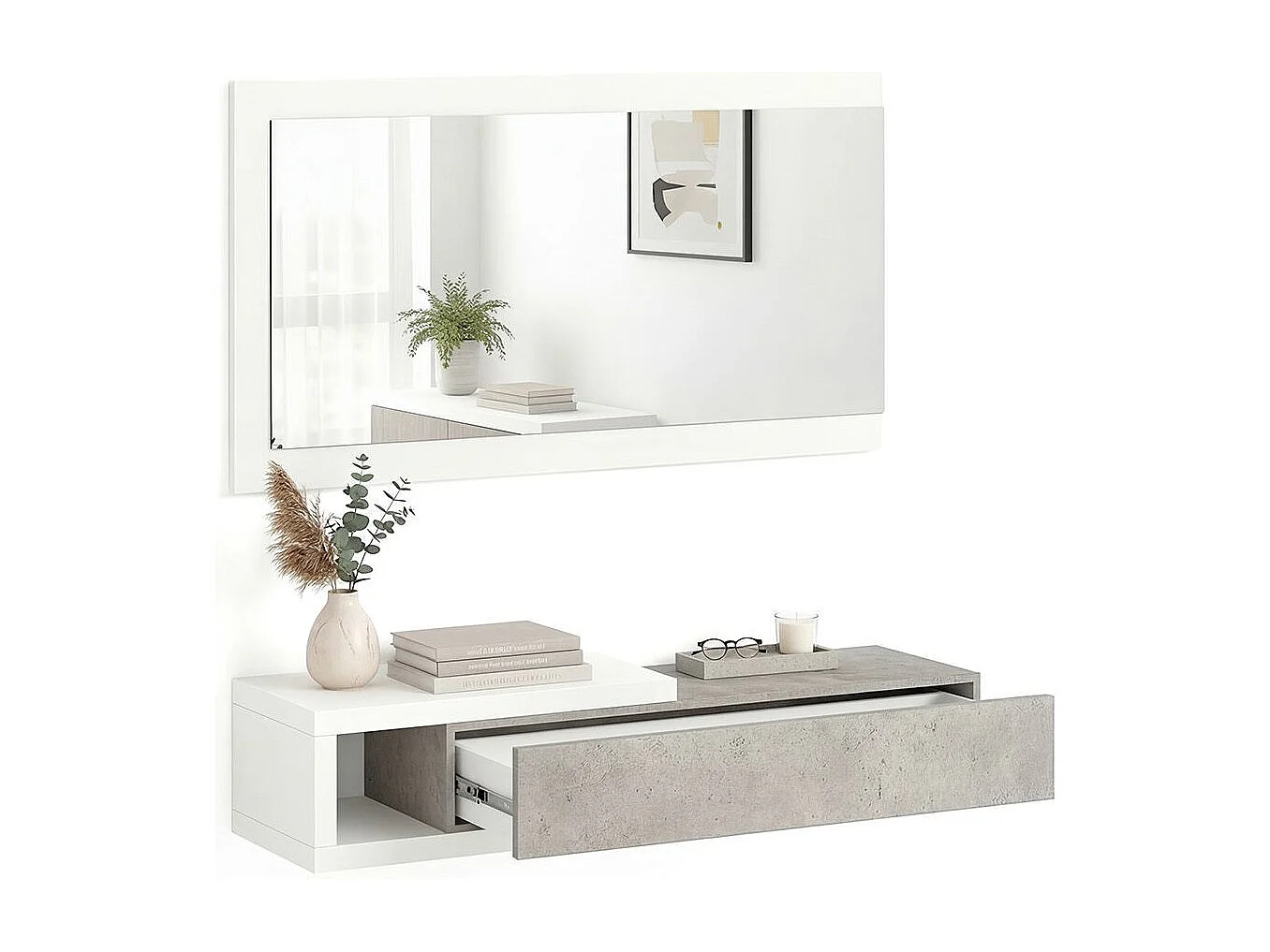 Mueble recibidor con 1 cajón y espejo en blanco mate y gris cemento 95 cm Derek Blanco Artik (Blanco Mate) - Gris Cemento