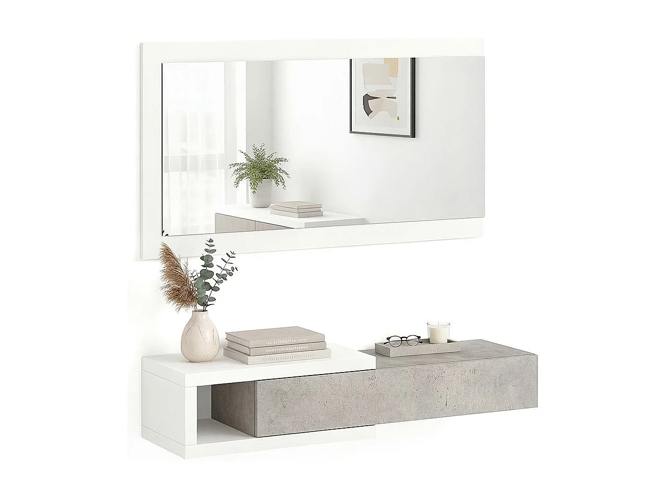 Mueble recibidor con 1 cajón y espejo en blanco mate y gris cemento 95 cm Derek Blanco Artik (Blanco Mate) - Gris Cemento
