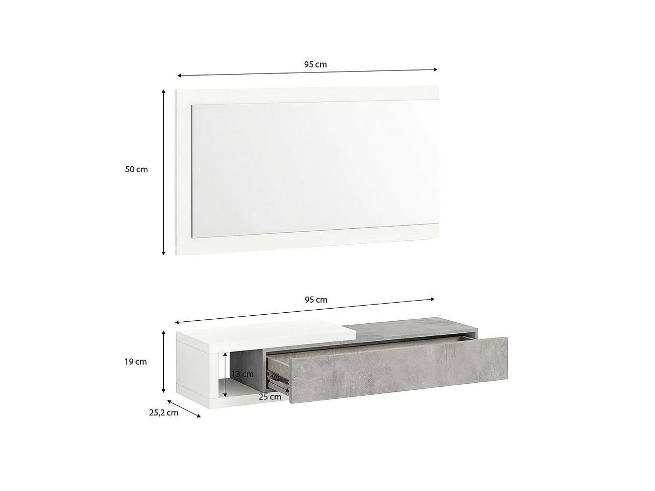 Armário de corredor Derek com espelho Branco Artik (Branco mate) - Cinzento Cimento