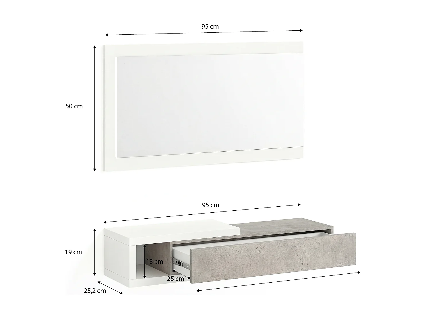 Mueble recibidor con 1 cajón y espejo en blanco mate y gris cemento 95 cm Derek Blanco Artik (Blanco Mate) - Gris Cemento