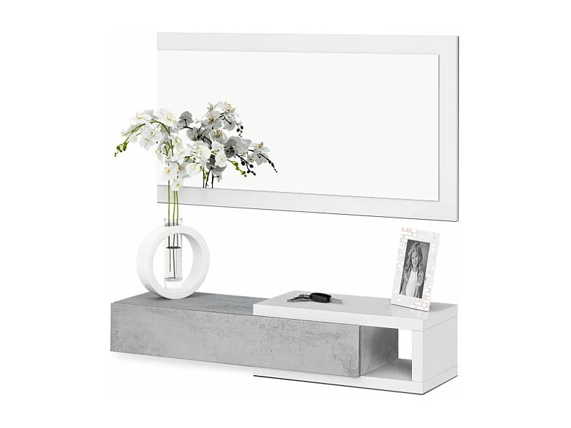Mueble de recibidor con espejo Derek Blanco Artik (Blanco Mate) - Gris Cemento